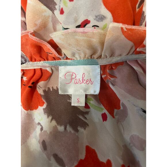 Parker Abstract Floral Silk Maxi Dress Women's sz. S Multicolor w/Ruffles - Picture 3 of 9